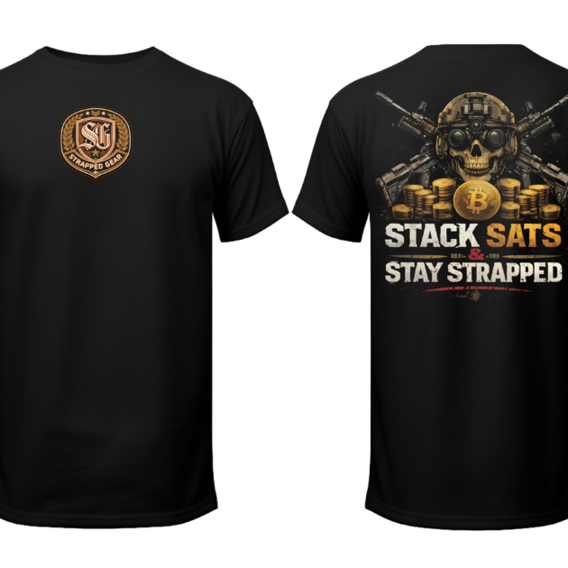 Stack Sats Stay Strapped Black Tee - Crypto Streetwear by Strapped Gear